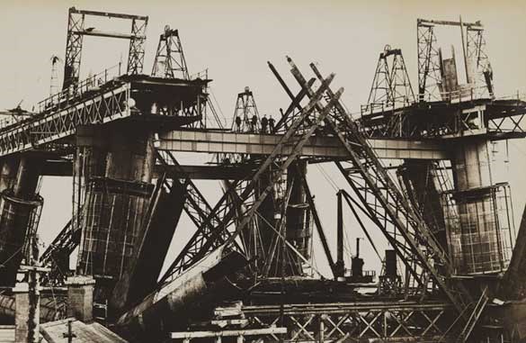 A black and white photo of steel construction.