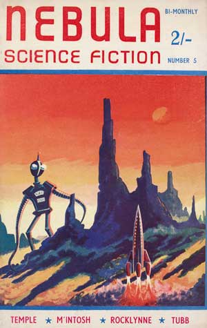 Magazine cover with illustration of a planet, alien and space rocket