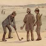 Watercolour showing men playing golf