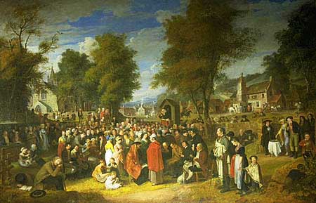 Painting of people at a religious fair