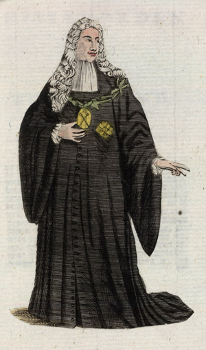 Coloured engraving of a wigged man