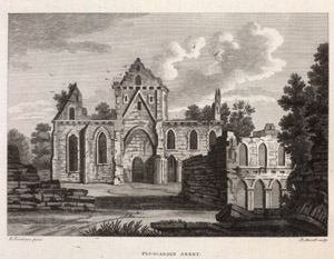 Engraving of a ruined abbey