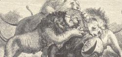 Engraving detail showing lions attacking buffalo