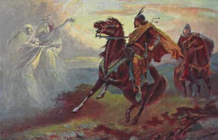 Macbeth and Banquo on horseback meeting the three witches