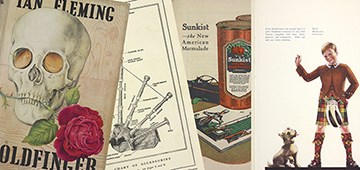 A compilation of four images. On the left a book cover for Ian Fleming 'Goldfinger'. Then there is a diagram of a set of bagpipes. And then there is an advertisement for 'Sunkist', "the New American Marmalade". On the far right there is an illustration of a boy wearing a kilt and a Scottie dog.