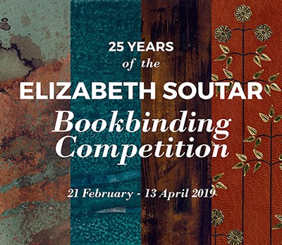 A background of four different textured bookbindings. Text on top says "25 years of Elizabeth Soutar Bookbinding Competition, 21 February to 13 April 2019".
