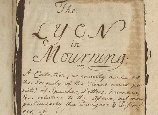 'The Lyon in Mourning' on manuscript title page