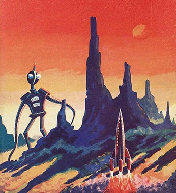 An illustration of a different planet with an orange sky. There is a rocket taking off and an alien.