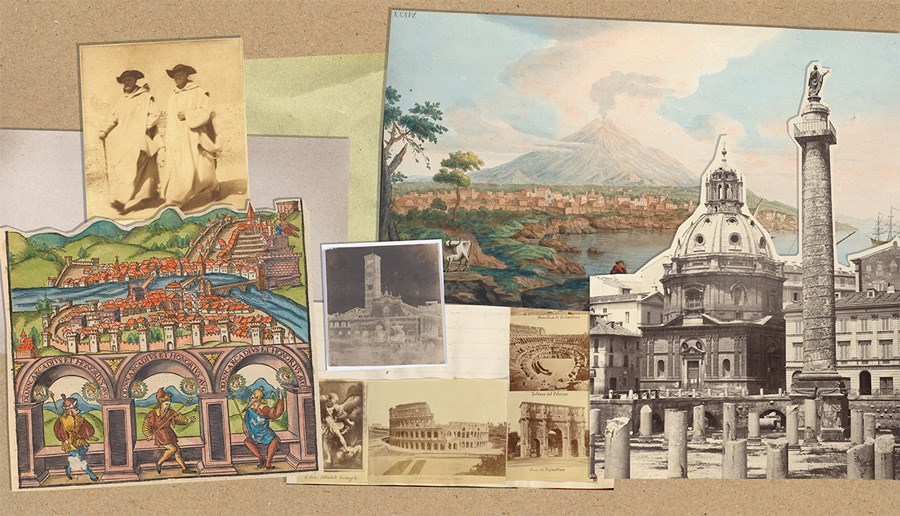 A craft paper scrapbook page is layered with cut-out illustrations of Italy from different time periods.  The illustrations include: two Friars in white robes; a calm painting of an active volcano; a colourful early wood cut; a calotype and more photographs of famous Italian landmarks like the Colosseum.