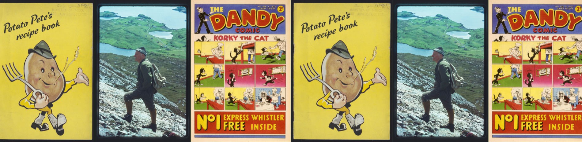 Images from items on display in the National Library of Scotland's 'Treasures' exhibition. From left to right: the bright yellow cover of Potato Pete's Recipe Book; a photograph of Tom Weir wearing his bonnet on a mountainside; and the front cover of the 1917 edition of the Dandy comic.