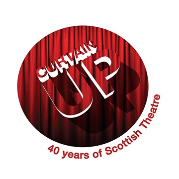 A logo. On the background of a red curtain is the text "Curtain Up". And below is written in red: "40 years of Scottish Theatre".