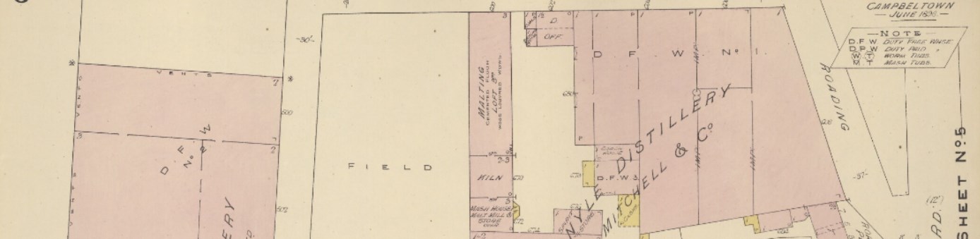A street map of Campbeltown from 1898. It shows a distillery.