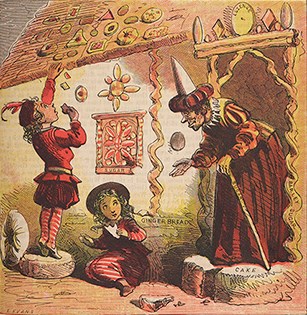 Illustration of Hansel, Gretel, and the witch in the gingerbread house.