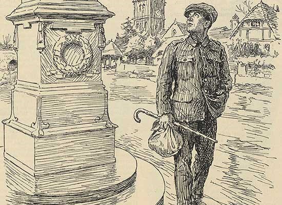 Cartoon of ex-serviceman and First World War war memorial