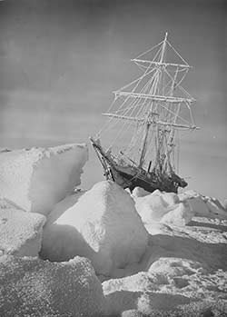 A black and white photo of the Endurance sailing ship stuck in ice.