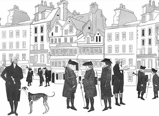 Drawing of Edinburgh street and Enlightenment figures