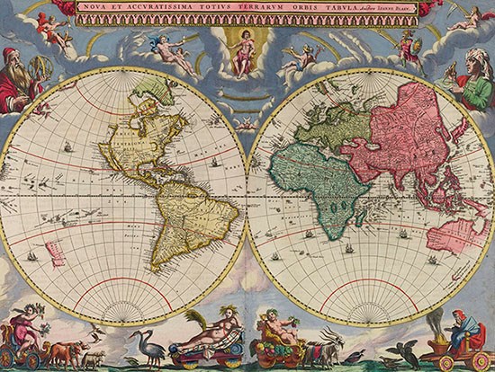 Colourful, old, world map.