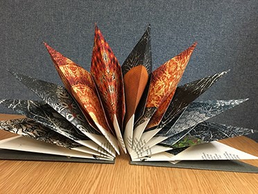 A colourful book open and the pages folded to make them spiky and stick up in a semi-circle.