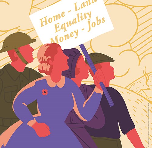 A graphic of four people. One of them is holding a sign that says "Home-Land, Equality, Money-Jobs".