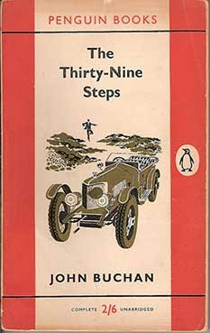 'The Thirty-Nine Steps' book cover which includes an old car and man in the background.
