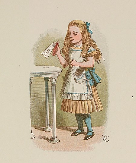 An illustration of Alice holding a bottle labelled "Drink me".