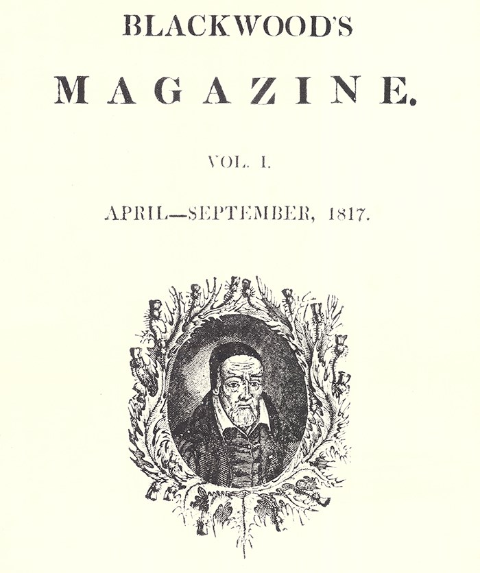Title page of Blackwood's Magazine. Text reads: "Blackwood's Magazine. Vol. 1. April to September, 1817." There is a portrait of a man underneath the text.