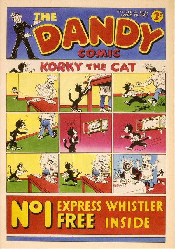 An image of the cover of a Dandy comic with a cartoon of a cat on it.