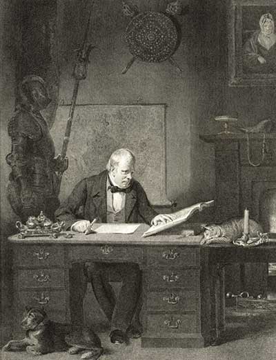 An engraving of Sir Walter Scott sitting at his desk.