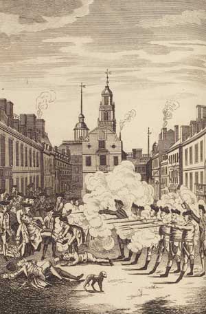 Engraving depicting soldiers firing on civilians