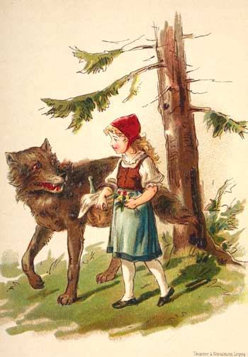 Red Riding Hood walking with the wolf