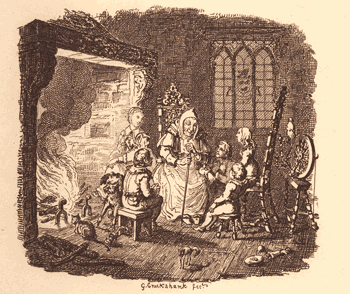 Illustration of children seated round an old woman telling stories