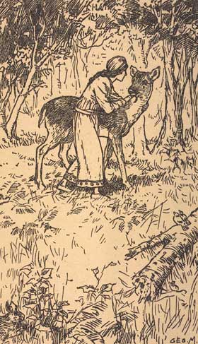 Girl in woods with fawn