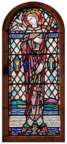 Stained glass window depicting St Columba