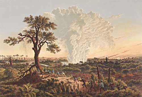 Painting of Zambesi Falls with Livingstone and expedition members