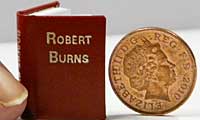 Miniature book beside a coin and the tip of a finger