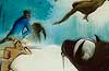 Painted slide of buffalo attack