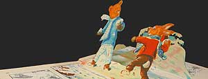 Rupert Bear snowball fight in pop-up book