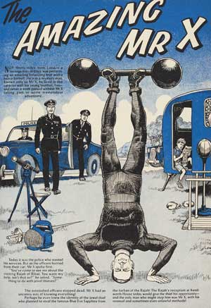 Comic illustration of a strongman standing on his head