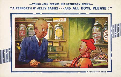 Humorous postcard of boy in a sweet shop