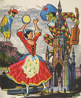 Illustration of Edinburgh monuments, harlequins and dancer