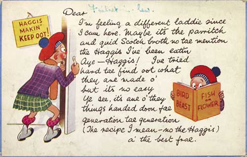 Humorous illustrated postcard about haggis
