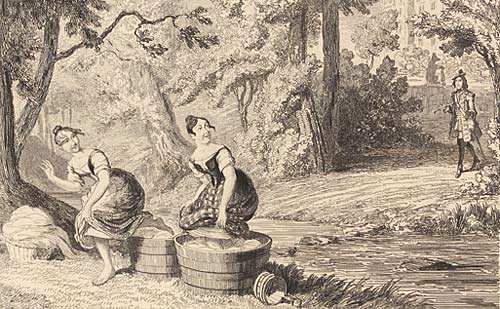Illustration of two washerwomen beside a river
