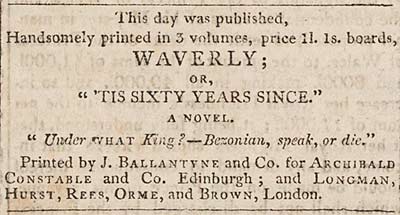 Newspaper advert for 'Waverley', July 1814
