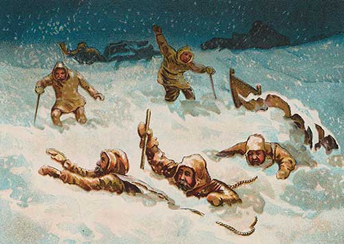 Illustration of explorers in deep snow