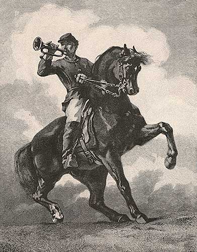 Engraving of a bugler on horseback