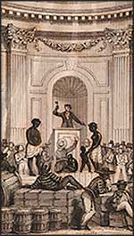 Illustration of room with enslaved people being sold