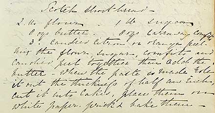 Handwritten recipe for Sarah Reddie's Scotch shortbread