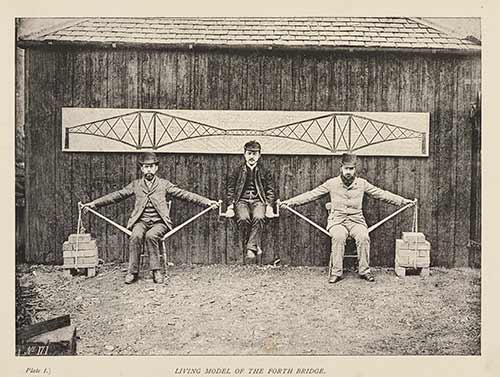 Photo of three men illustrating cantilever bridge principle