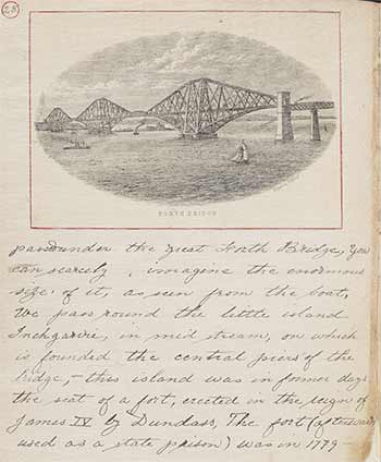 Handwritten journal page with Forth Bridge illustration