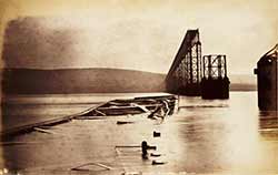 Photo of the fallen girders of the Tay Bridge, 1879